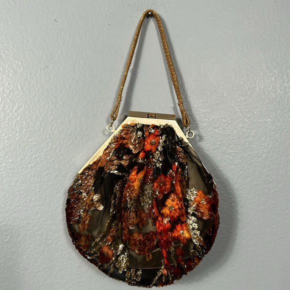 Moo Roo Vintage Gold Black Red Mesh Floral Cocktail Evening Bag - Picture 2 of 16